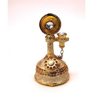 Miniature Gold Tone Phone W/Rhinestones And Crystals Trinket Box